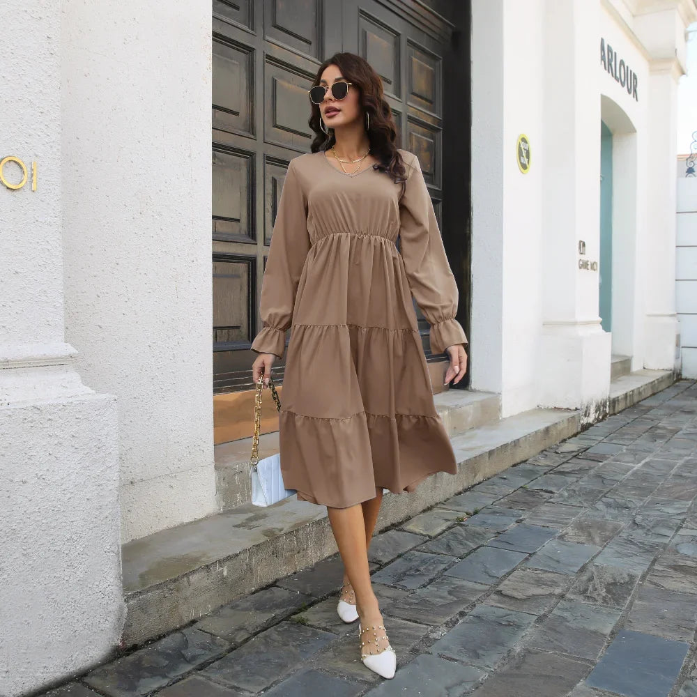 Spring Autumn Sweetheart Neck Women Dresses Office Ladies Chiffon Midi Dresses Mujer Vestidos Puff Long Sleeve A-line Dresses