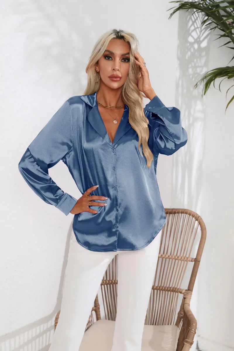 2024 Spring Summer Women Shirts Office Lady Woman Long Sleeve Satin Turn-down Collar Blouse with Single Breasted Female Blouses