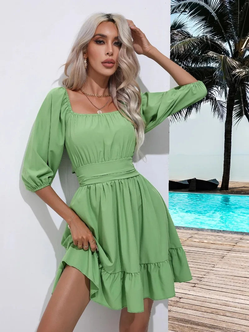 Summer Women Dresses Square Collar Bohemian RUFFLES Elastic Waist Above Knee Mini Dress Short Sleeves Pullover Mujer Vestidos