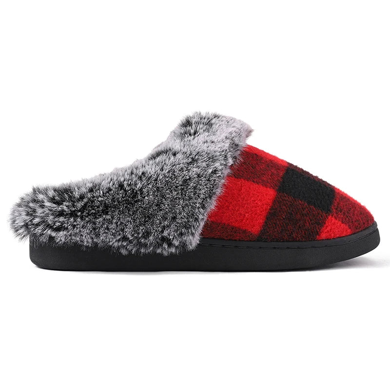 Plaid Thicken Plush Fur Slippers Women 2024 Winter Closed Toe Couple Home Slippers Woman Comfort Soft Sole House Shoes Slides