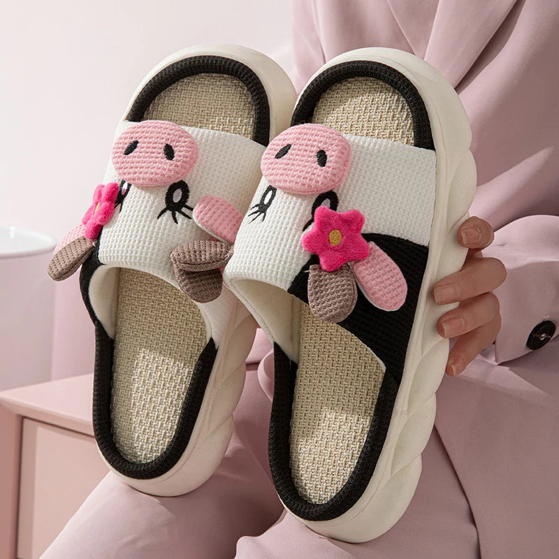 Cute Cow Thick Bottom Linen Slippers Women 2024 Winter Comfort Home Cotton Slippers Woman Flat Heels Non Slip Indoor Shoes Slide