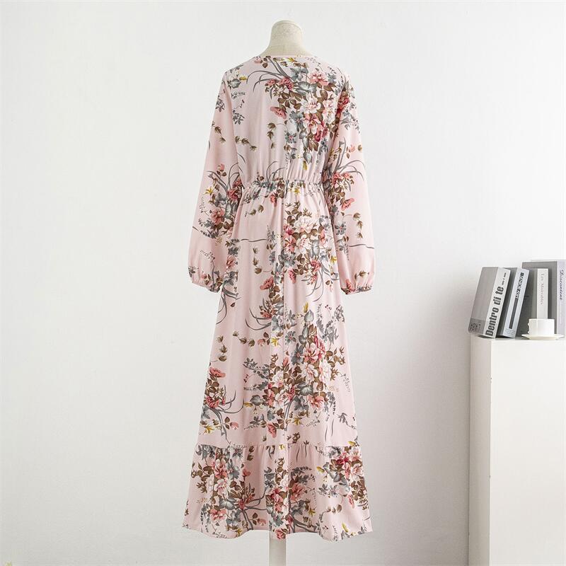 Spring Autumn Women Chiffon Dresses Casual Floral Printed Bark Crinkling Long Dresses O-neck Long Sleeve Loose Muslim Maxi Dress