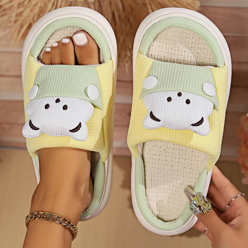 Cute Cartoon Bear Home Slippers Women 2024 Winter Comfort Soft Sole Linen Slippers Woman Non Slip Flat Heels House Shoes Slides