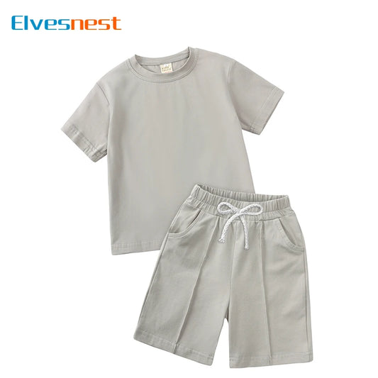 Fashion Solid Color Kids Clothes Boys Outfit Cotton Long Sleeve O-Neck Tops Shorts Summer Children Clothing Sets 2-7 Years