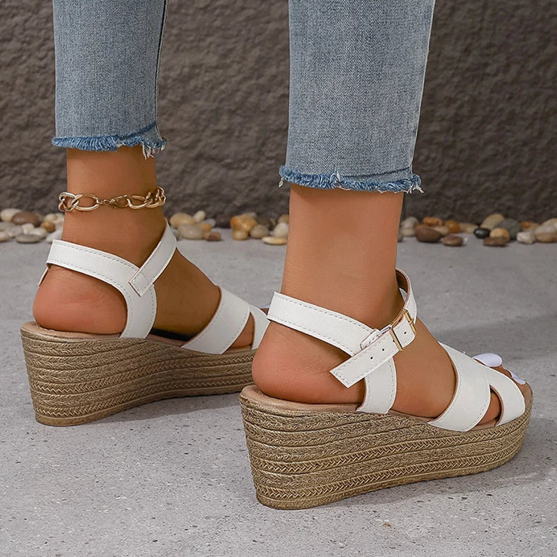 Retro Thick Bottom Platform Sandals Women 2024 Summer Pu Leather Wedges Sandals Woman Lightweight High Heeled Beach Shoes Mujer