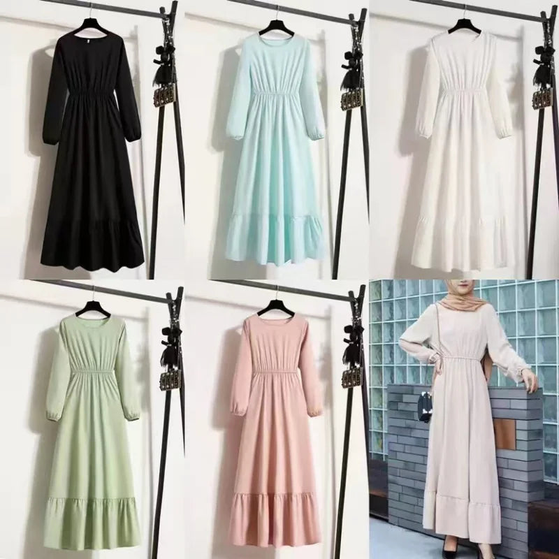 Spring Autumn Mujer Vestidos Solid Full Sleeve O-neck Casual Chiffon Dress Women Muslim Long Dress Solid Loose Maxi Dresses