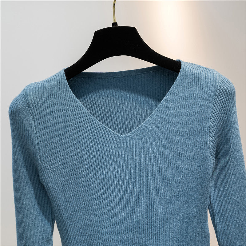 Women Knitted Shirts Fashion Female Autumn Winter Long Sleeve V-neck Skinny Elastic Casual Thin Sweater Pullover Tops Knitwear