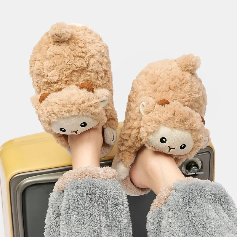 Cartoon Sheep Fluffy Cotton Slippers Women 2024 Winter Warm Soft Sole Home Slippers Woman Cute Couple Indoor House Cotton Shoes