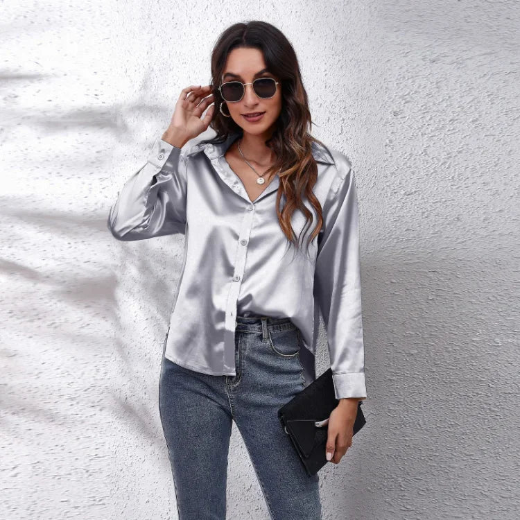 Spring Summer Long Sleeve Women's Silk Shirt Office Ladies Stain Blouses Solid Turn-down Collar Single Breasted Woman Shirts