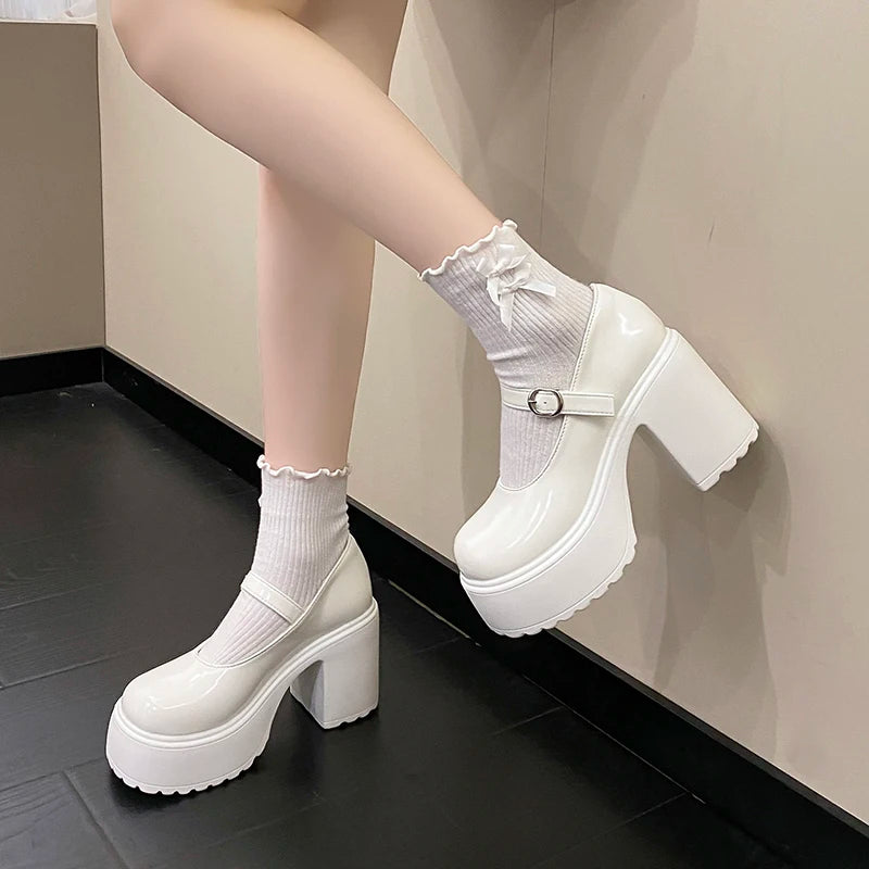 Chunky Platform High Heels Pumps Women 2023 Autumn Pu Leather Ankle Buckle Mary Jane Shoes Woman Thick Heeled White Lolita Shoes