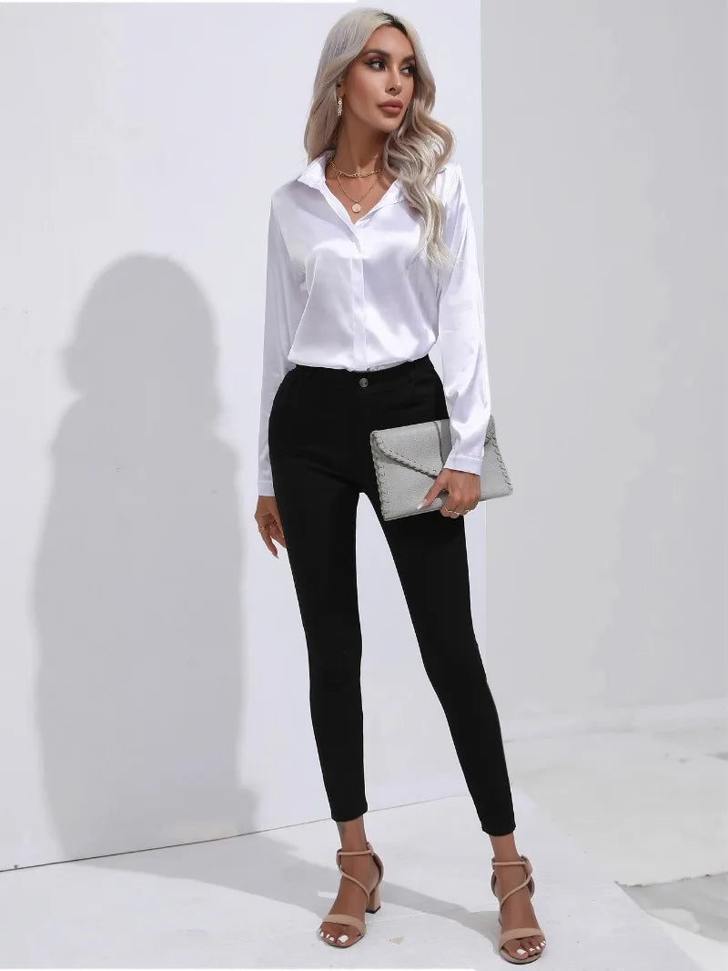 Women's Shirt with Single Breasted Long Sleeve Shirts Spring Summer Silk Shirt Office Lady Satin Turn-down Collar Casual Blouses