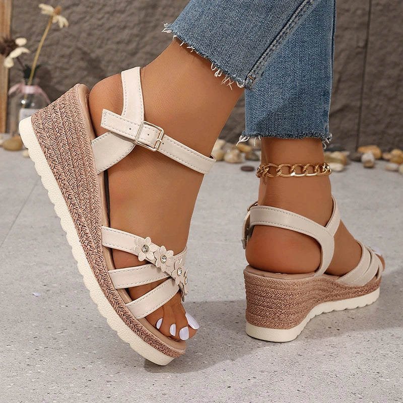 Fashion Flower Decor Women's Wedges Sandals 2024 Summer Ankle Strap Platform Sandles Woman Non Slip Casual Beach Sandalias Mujer