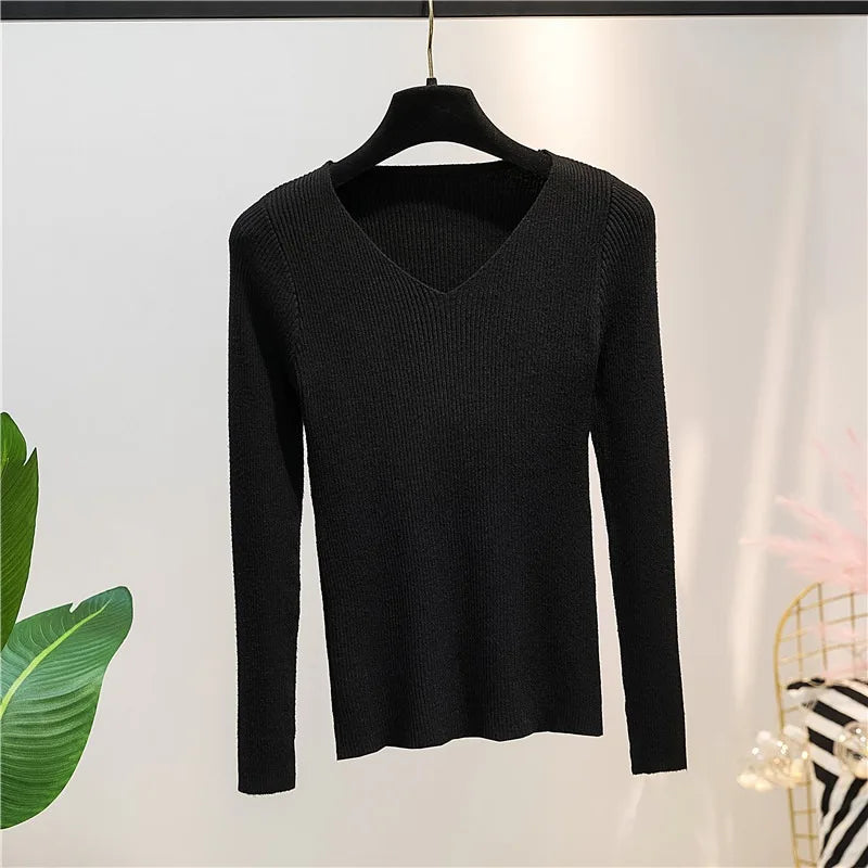 Women Knitted Shirts Fashion Female Autumn Winter Long Sleeve V-neck Skinny Elastic Casual Thin Sweater Pullover Tops Knitwear