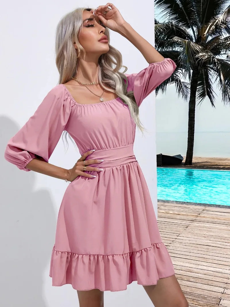 Summer Women Dresses Square Collar Bohemian RUFFLES Elastic Waist Above Knee Mini Dress Short Sleeves Pullover Mujer Vestidos