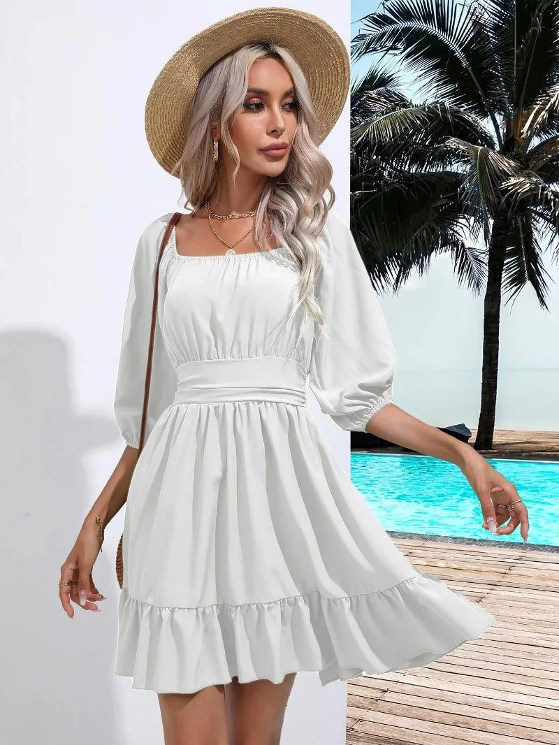 Summer Women Dresses Square Collar Bohemian RUFFLES Elastic Waist Above Knee Mini Dress Short Sleeves Pullover Mujer Vestidos