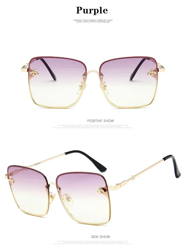 Luxury Brand Designer Sunglasses Woman Vintage Rimless Square Sun Glasses Female Gradient Shades Little Bee Ladies Oculos