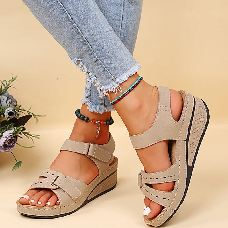 Retro Wedges Platform Sandals Women 2023 Summer Thick Soled Beach Slippers Woman Plus Size 43 Ankle Buckle Sandalias Footwear