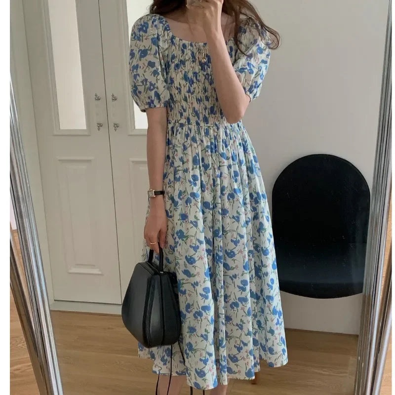 Spring Summer Printed Floral Dress Women Casual Dresses Elastic Waist Fashion Female Vestidos Short Sleeve A-line Dresses