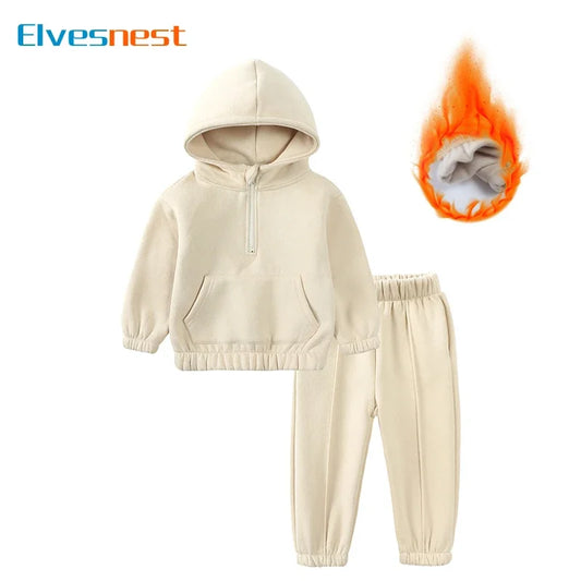 Winter Warm Kids Boy Clothes Long Sleeve Hooded Tops Pants 2PCS Fashion Solid Color Clothes Girls Sports Suit 2-6 Years