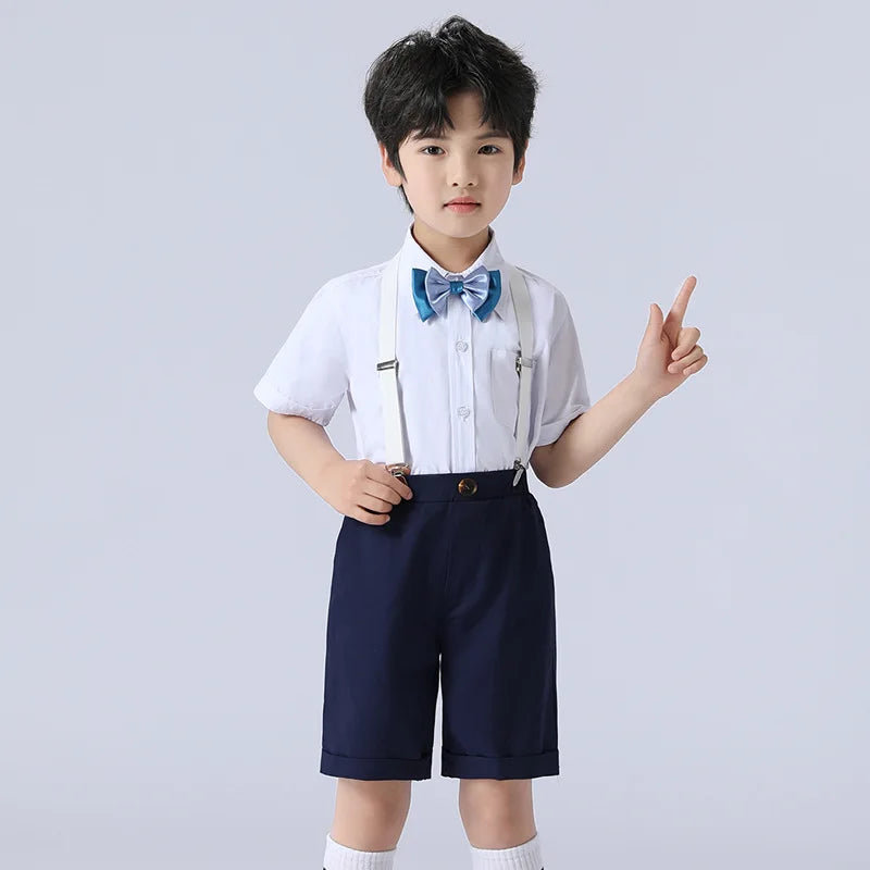 Formal Kids Clothes Boys Outfit Set Cotton Short Sleeve Shirt Straps Shorts 2 PCS Summer Children Boy Clothing Sets 1-11 Years