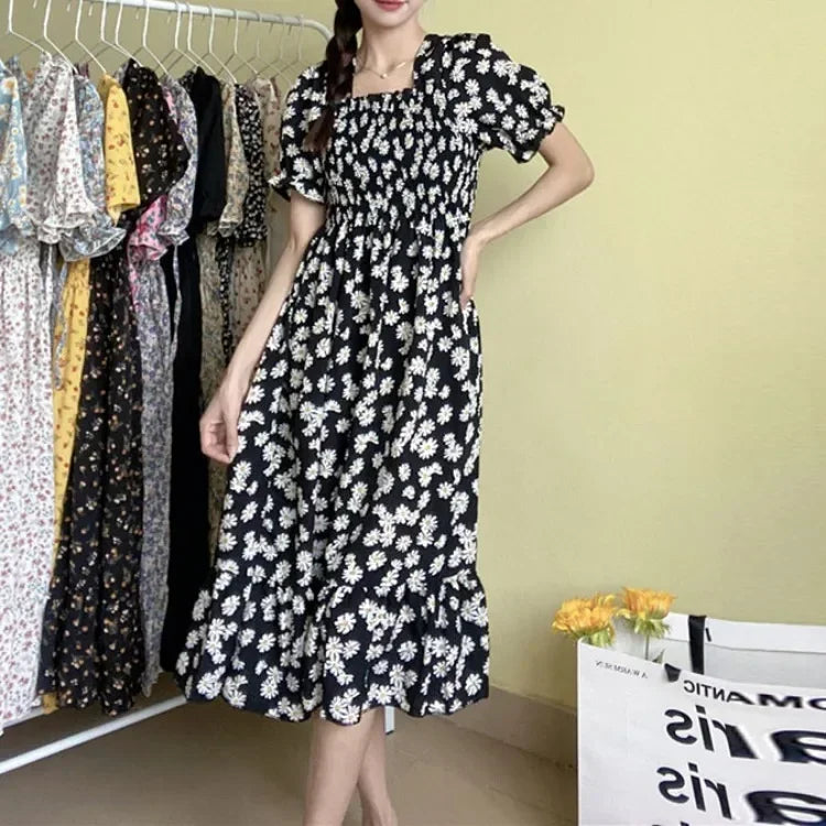 Spring Summer Elastic Waist Chiffon Dress Women Casual Dresses Vestidos Fashion Female Short Sleeve Pleated A-line Dresses