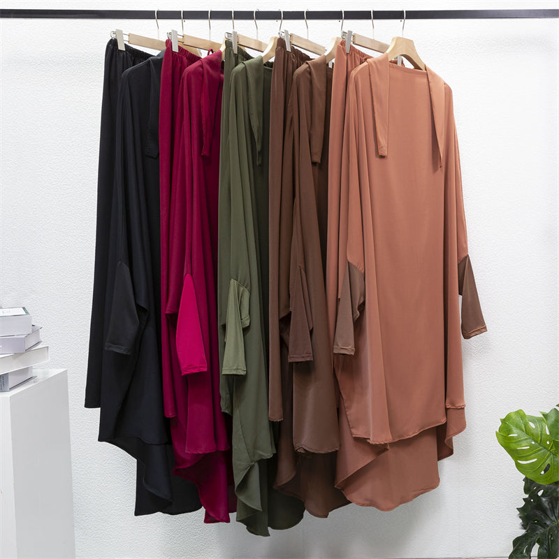 Muslim Sets Two Pieces Prayer Clothing Long Hooded Smocking Sleeve Shirts Hijab Loose Maxi Skirts Elastic Waist Women Abaya Sets