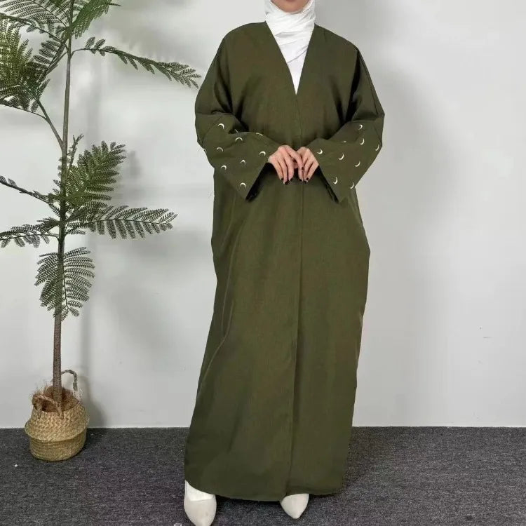 Loose Kaftan Muslim Abayas Women's Islamic Clothing Moon Embroidery Open Front Abaya Long Sleeve Maxi Length Dress Women Jilbabs