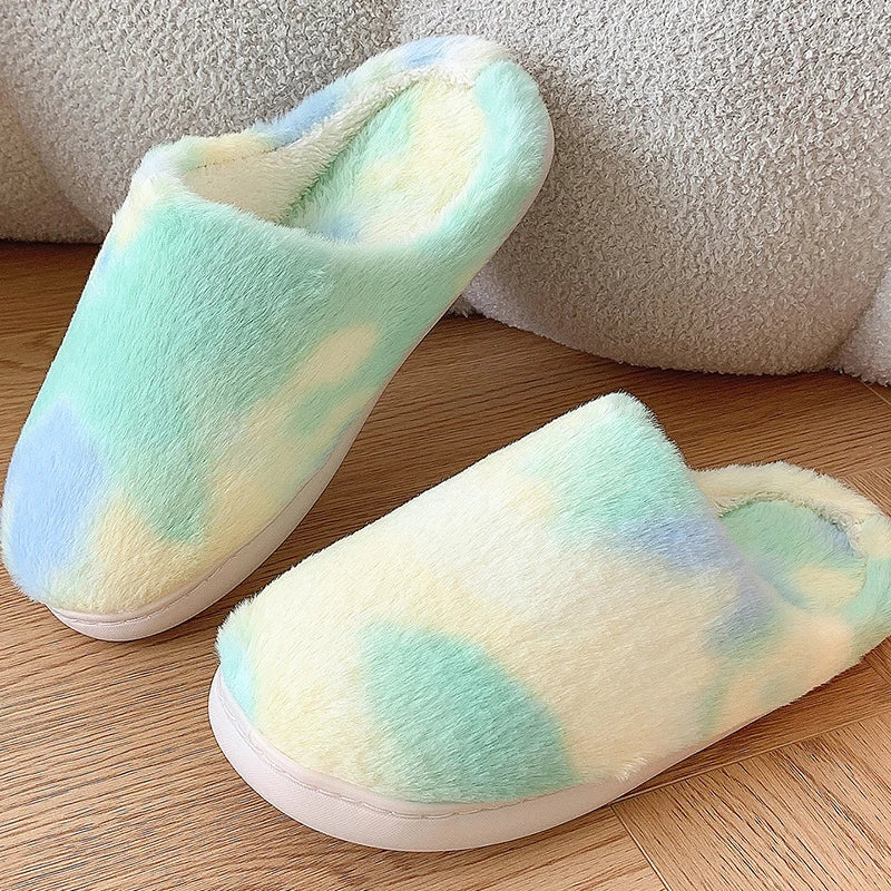 Tie Dye Fluffy Fur Slippers for Women 2024 Winter Closed Toe House Home Slippers Woman Non Slip Flat Heels Indoor Cotton Shoes