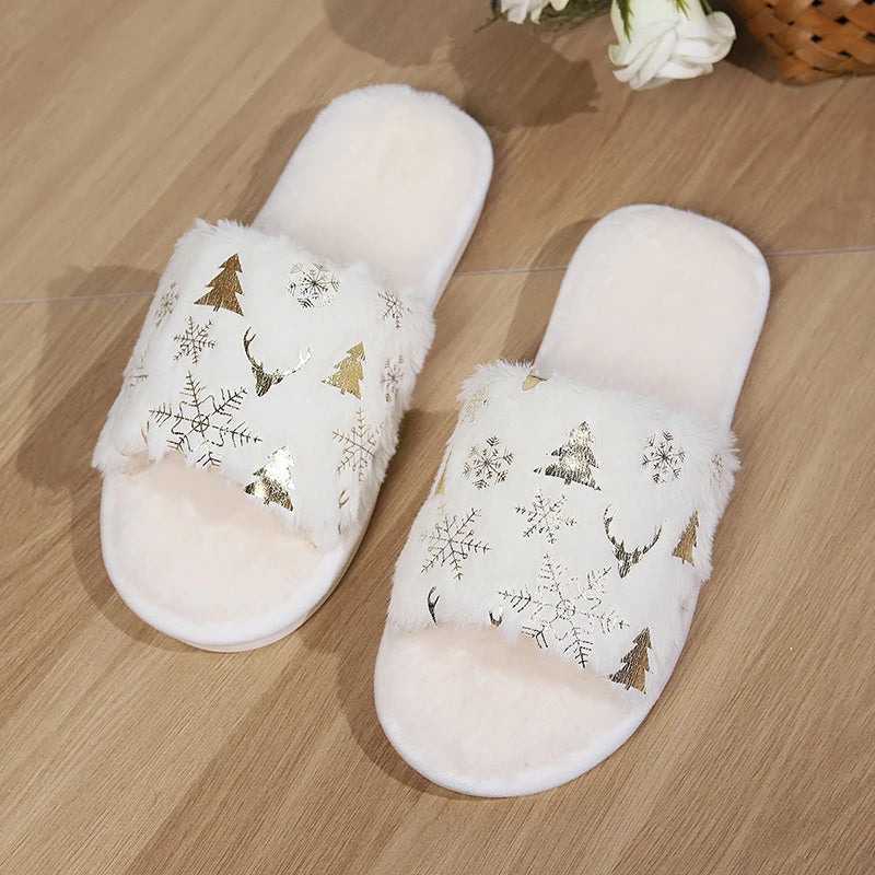 Christmas Style White Fluffy Slippers Women 2024 Winter Warm Flat Heels Home Fur Slippers Woman Non Slip Cotton House Shoes