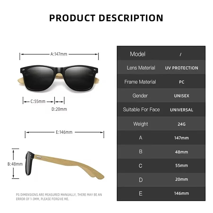 Bamboo Wood Vintage Square Polarized Sunglasses Men Women Luxury Brand Designer Sun Glasses Wooden Driving Fishing UV400 Eyewear