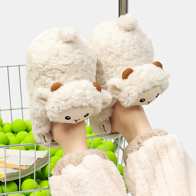 Cartoon Sheep Fluffy Cotton Slippers Women 2024 Winter Warm Soft Sole Home Slippers Woman Cute Couple Indoor House Cotton Shoes