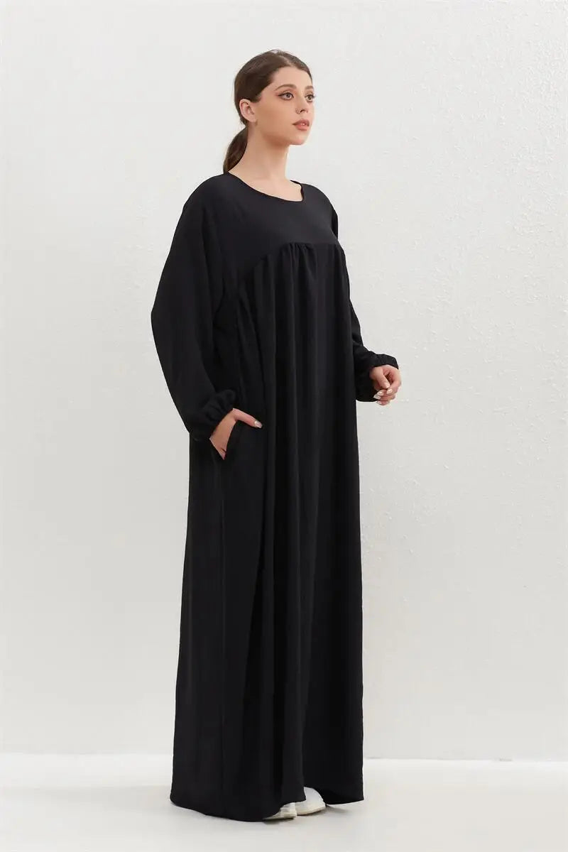 Muslim Dress Spring Autumn Women Loose Maxi Dresses Fashion Female Full Sleeve O-neck Casual Solid Pockets Robe Long Dresses