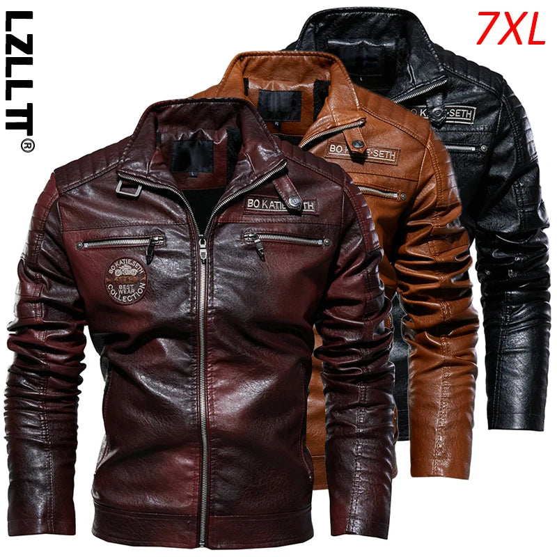 Autumn Winter Men Fleece Motorcycle PU Leather Jackets Coats Mens Casual Embroidery Jackets Biker Windbreaker Male Plus Size 7XL