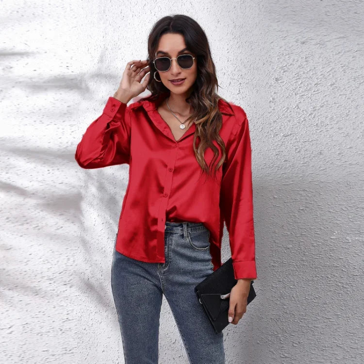 Spring Summer Long Sleeve Women's Silk Shirt Office Ladies Stain Blouses Solid Turn-down Collar Single Breasted Woman Shirts