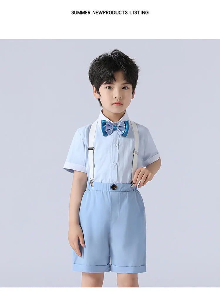 Formal Kids Clothes Boys Outfit Set Cotton Short Sleeve Shirt Straps Shorts 2 PCS Summer Children Boy Clothing Sets 1-11 Years