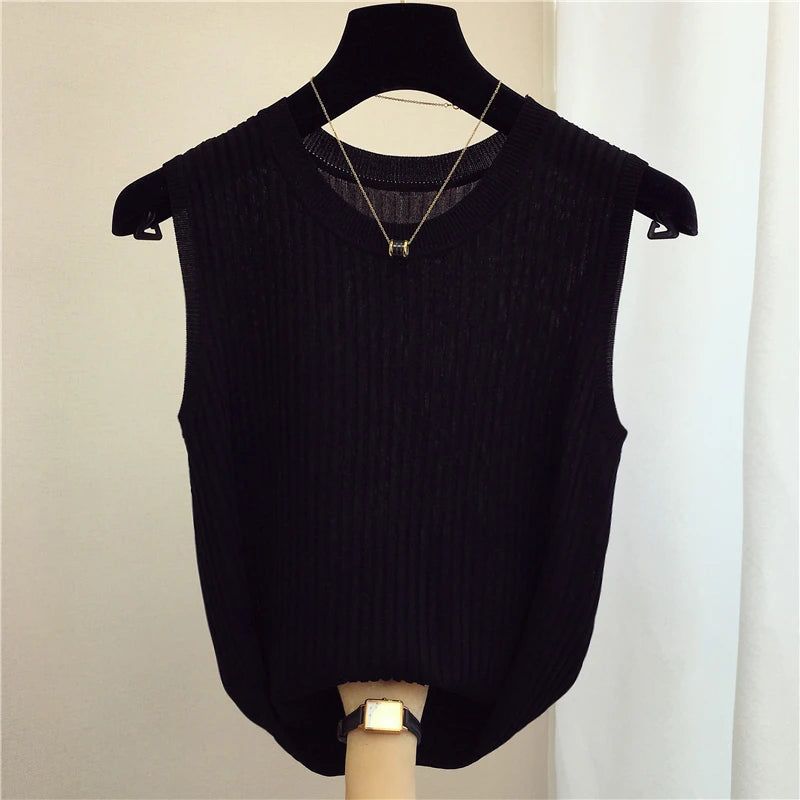 Summer Spring Tanks Top Women Sleeveless Knitted T-Shirts Female Elastic Slim Casual Vests Crop Tops Camis Pullover Shirts