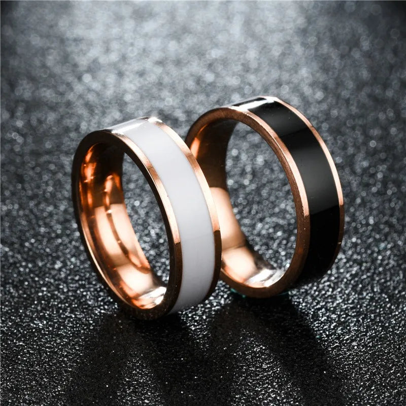 Rose Gold Color White Black Charm Ring for Woman Man Custom Engrave Name Wedding Jewelry 316L Stainless Steel Never Fade