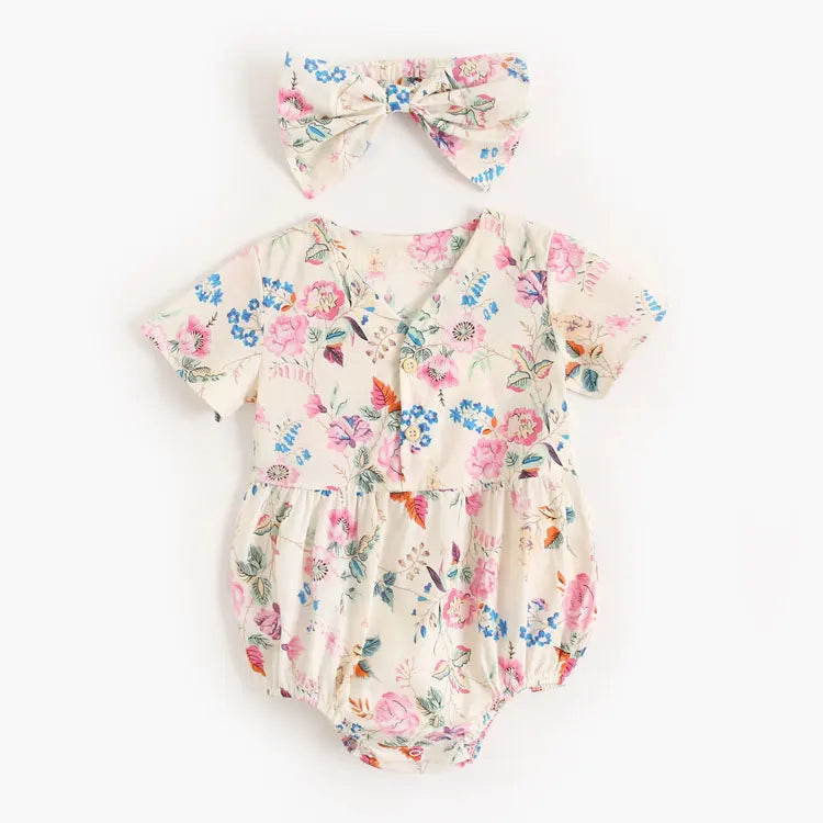 Floral Print Newborn Clothes Girl Bodysuits Scarf 2 PCS Cotton Short Sleeve Baby Bodysuits Summer Infant Bodysuits 1-3 Years