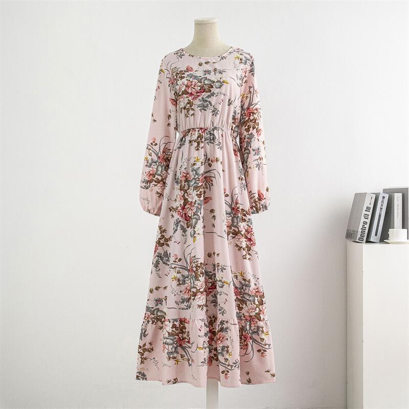 Spring Autumn Women Chiffon Dresses Casual Floral Printed Bark Crinkling Long Dresses O-neck Long Sleeve Loose Muslim Maxi Dress