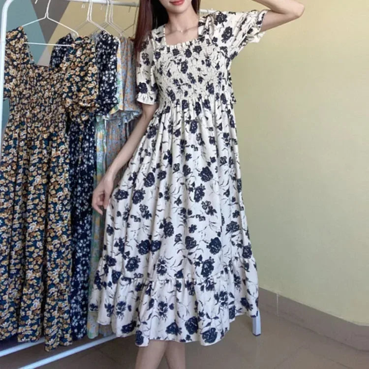 Spring Summer Elastic Waist Chiffon Dress Women Casual Dresses Vestidos Fashion Female Short Sleeve Pleated A-line Dresses