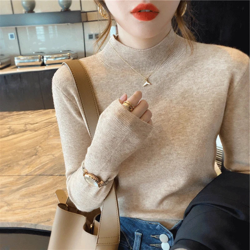 Autumn Winter Women Mock neck Sweaters Pullover Tops Knitwear Fashion Female Long Sleeve Skinny Elastic Casual Knitted Shirts