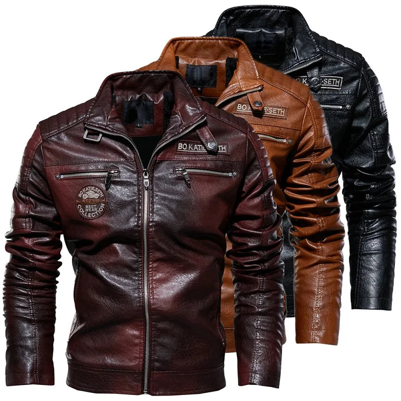 Autumn Winter Men Fleece Motorcycle PU Leather Jackets Coats Mens Casual Embroidery Jackets Biker Windbreaker Male Plus Size 7XL