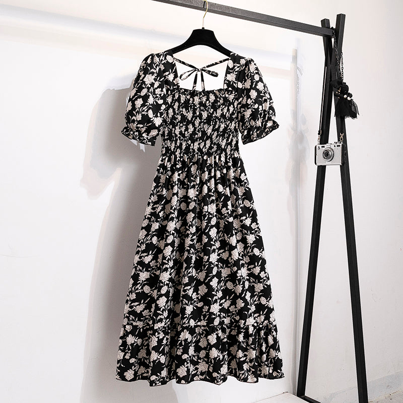 2023 Spring Summer Short Sleeve Casual Dresses Female Elastic Waist Pleated Backless Chiffon Dress Women Midi Dresses Vestidos