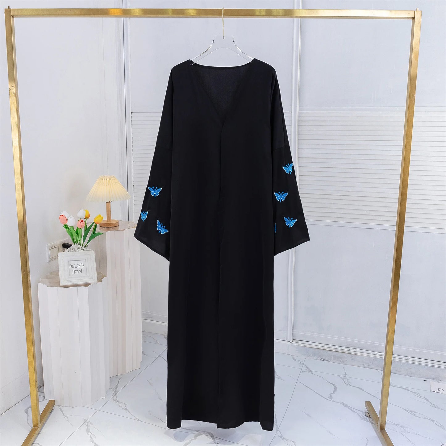 Butterfly Embroidery Open Front Abaya Women Long Sleeve Maxi Length Dress Muslim Abayas Kaftans Women Jilbabs Women's Clothing