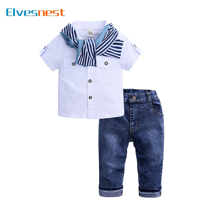 Fashion Kids Clothes Boys Outfit Set Cotton Cotton Short Sleeve O-Neck Tops+Jeans+Scarf Summer Children Boys Clothing 2-7 Years