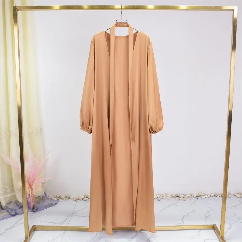 Women Abayas Muslim Kaftan Puff Sleeves Lace-up Maxi Length Ramadan Dresses Jilbabs Open Front  Abayas Outwear Cardigan Coats