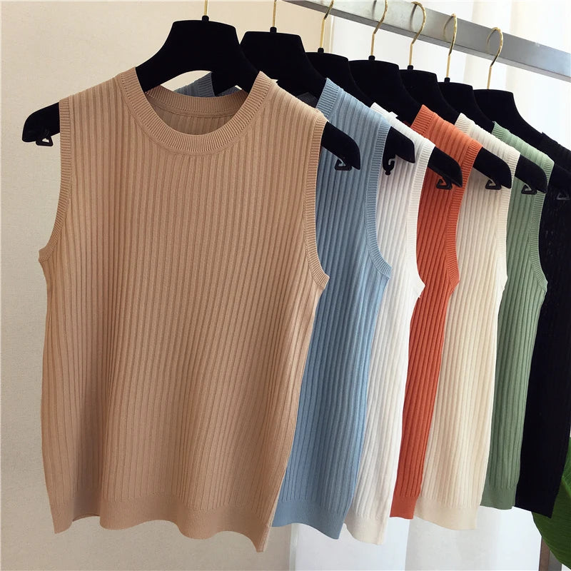 Summer Spring Tanks Top Women Sleeveless Knitted T-Shirts Female Elastic Slim Casual Vests Crop Tops Camis Pullover Shirts