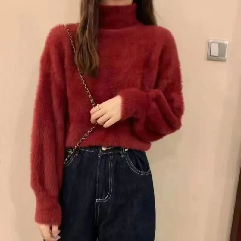 Autumn Winter Women Sweaters Fashion Female Long Sleeve Mock Neck Pullover Knitting Shirts Casual Mohair Knitted Sweater