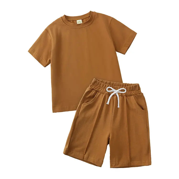 Fashion Solid Color Kids Clothes Boys Outfit Cotton Long Sleeve O-Neck Tops Shorts Summer Children Clothing Sets 2-7 Years