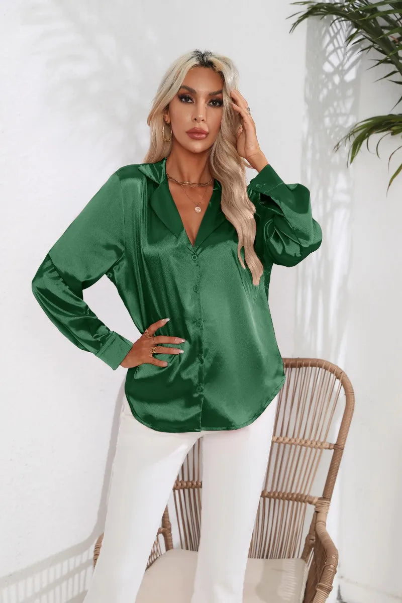 2024 Spring Summer Women Shirts Office Lady Woman Long Sleeve Satin Turn-down Collar Blouse with Single Breasted Female Blouses